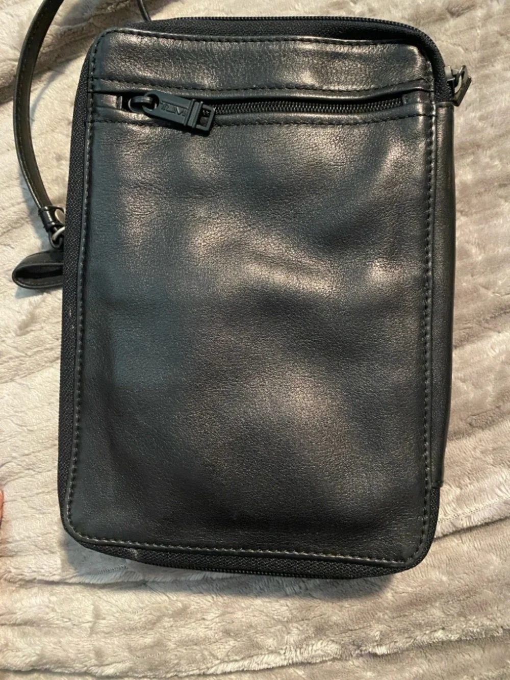 TUMI Black Leather Messenger Bag with Silver Hardware